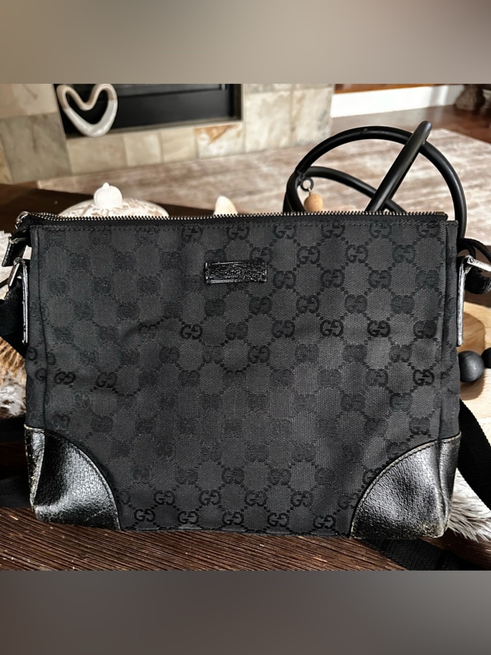 Gucci Black GG Canvas Messenger Bag with Leather Trim